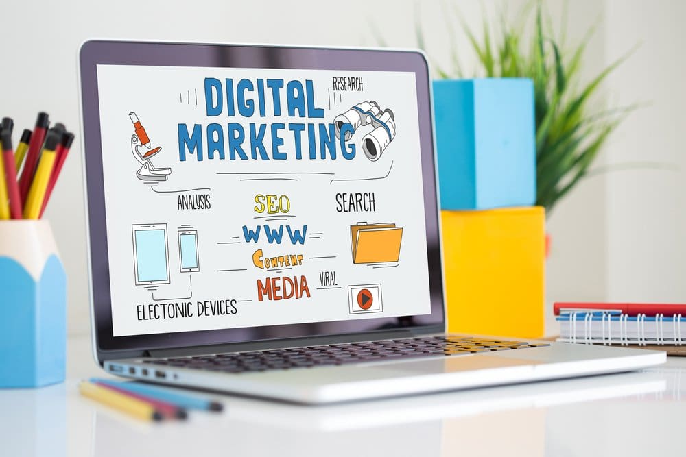 A laptop with illustration showing how to do digital marketing