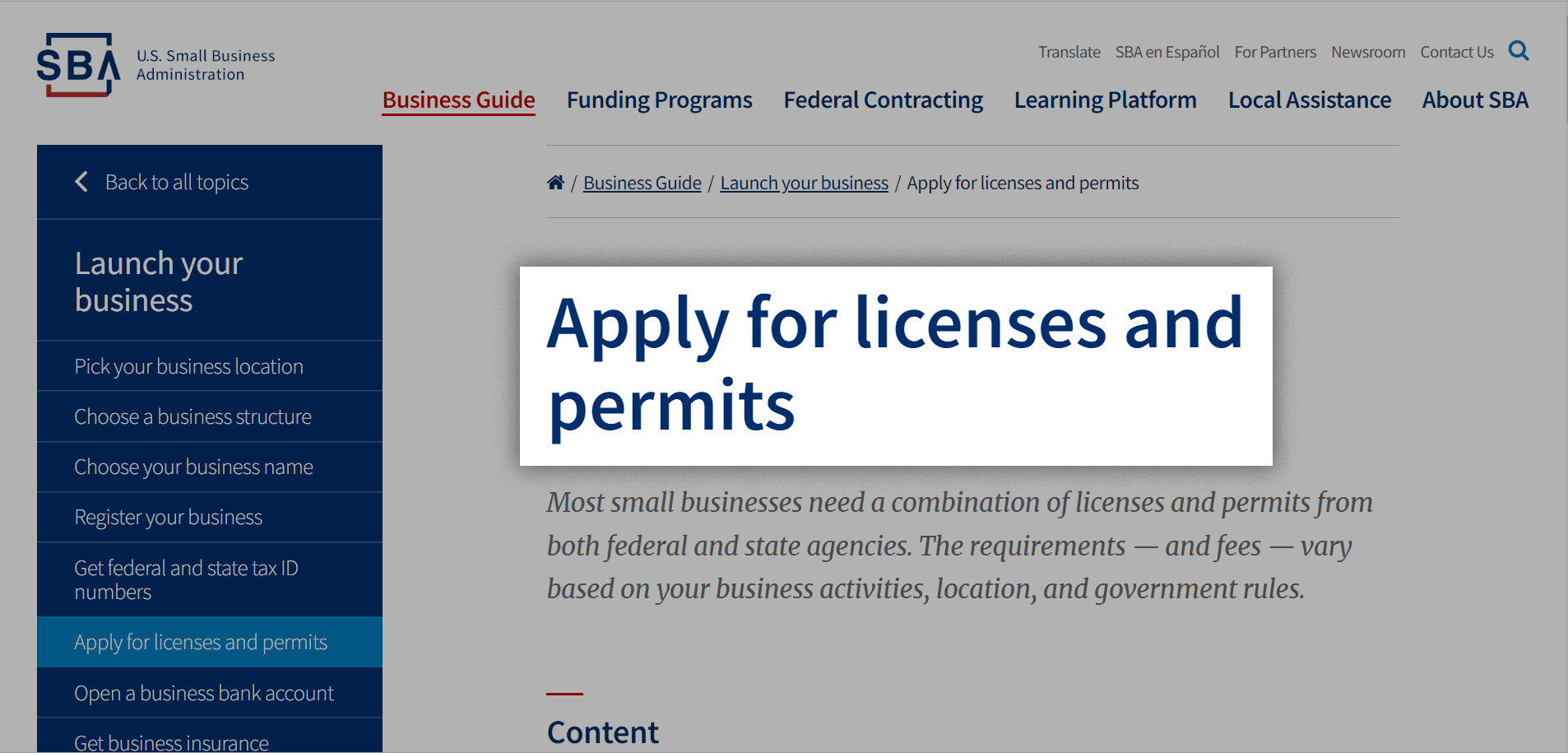 Screenshot of U.S Small Business Administration website