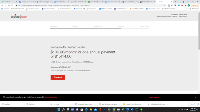 Hiscox insurance website showing computation for annual payment