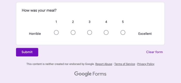 An image of Google form to collect data from customers