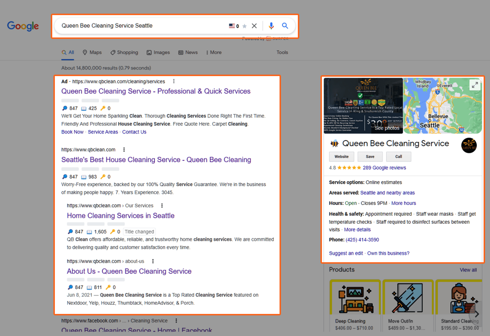 Google website showing different results for cleaning businesses