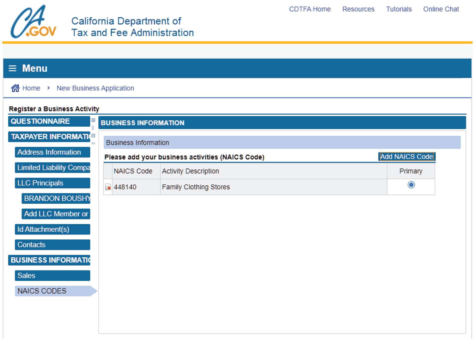 Website showing activity description for business license applicants