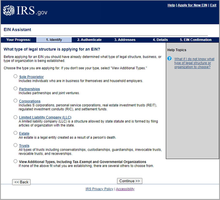 The IRS website showing different business structures to choose from