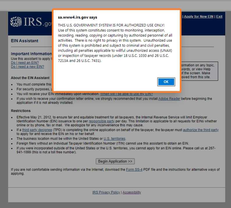 The IRS website for EIN application