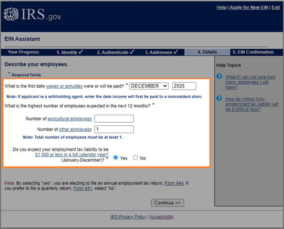 Number of employees section on the IRS website