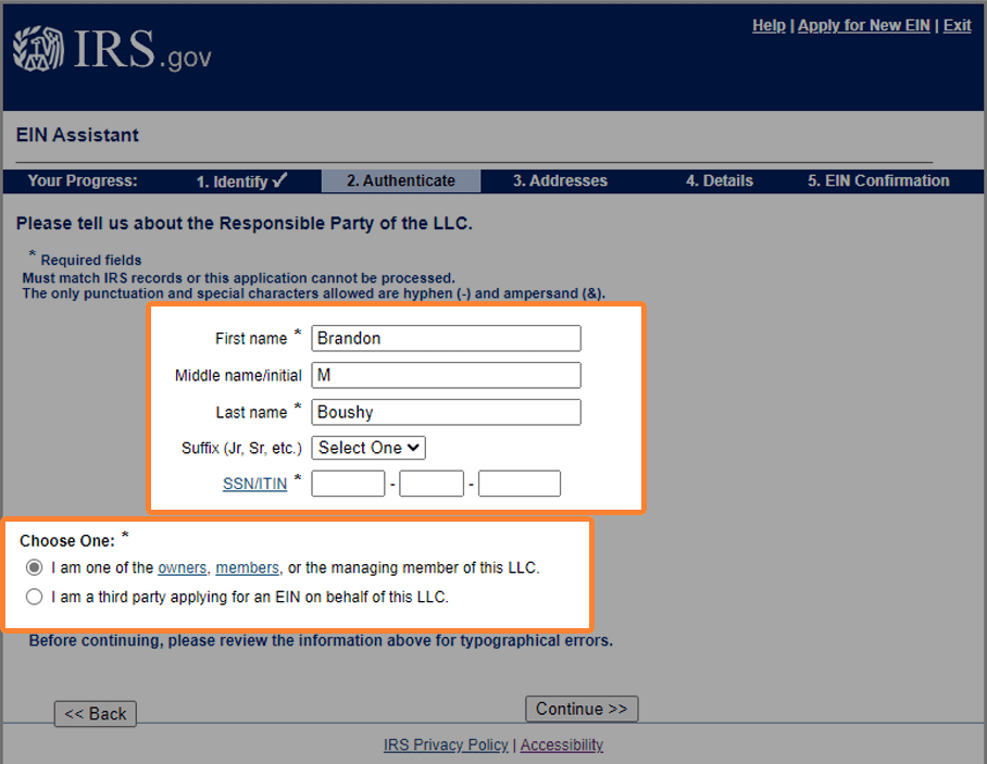 IRS website personal information section