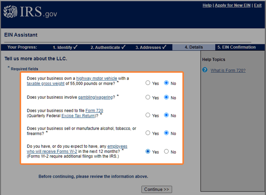 Required fields on the IRS website EIN application section