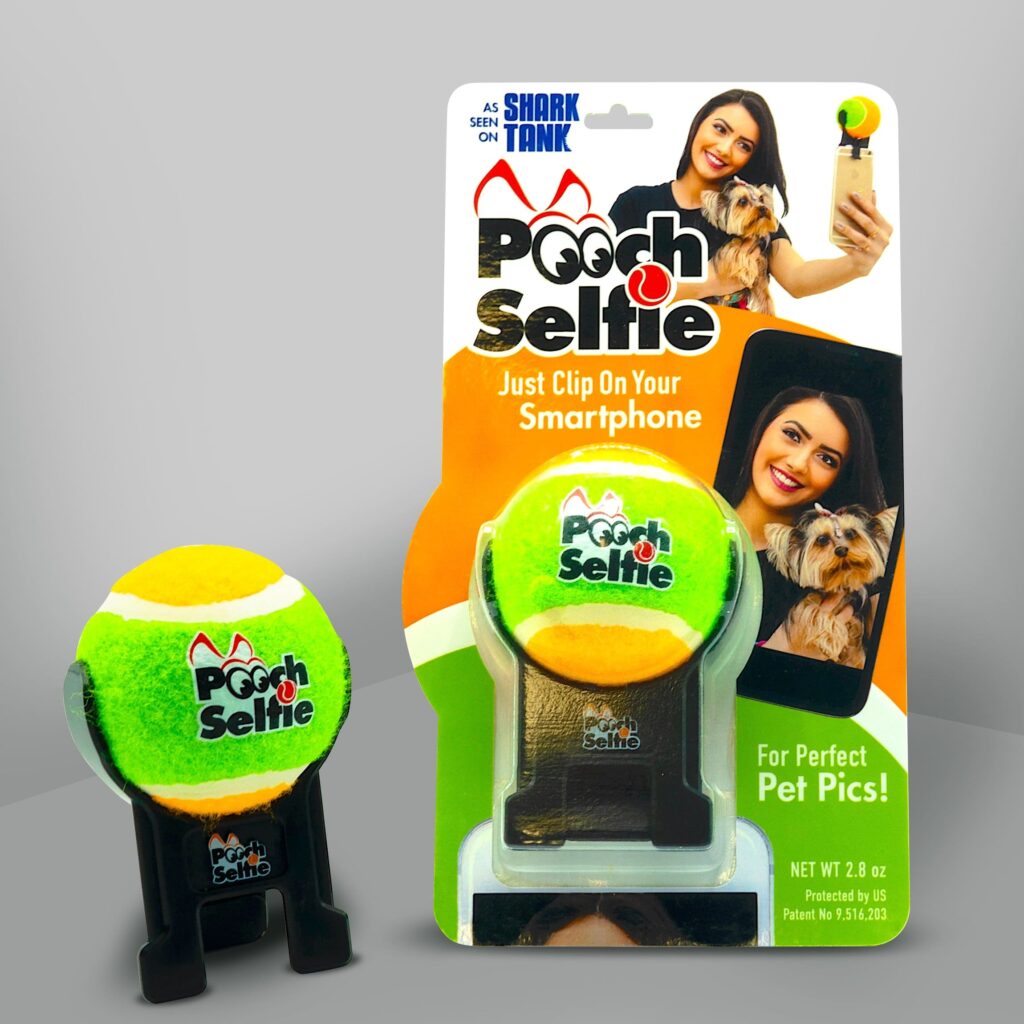 Pooch selfie product displayed on gray background 