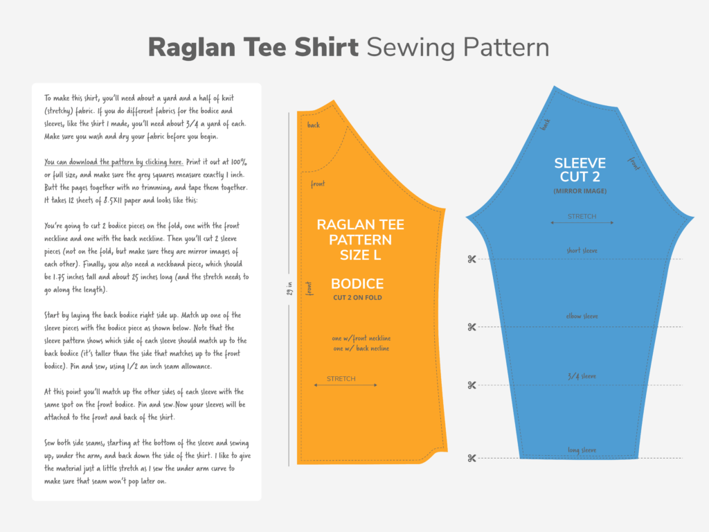 Raglan tee shirt sewing cut sheets pattern