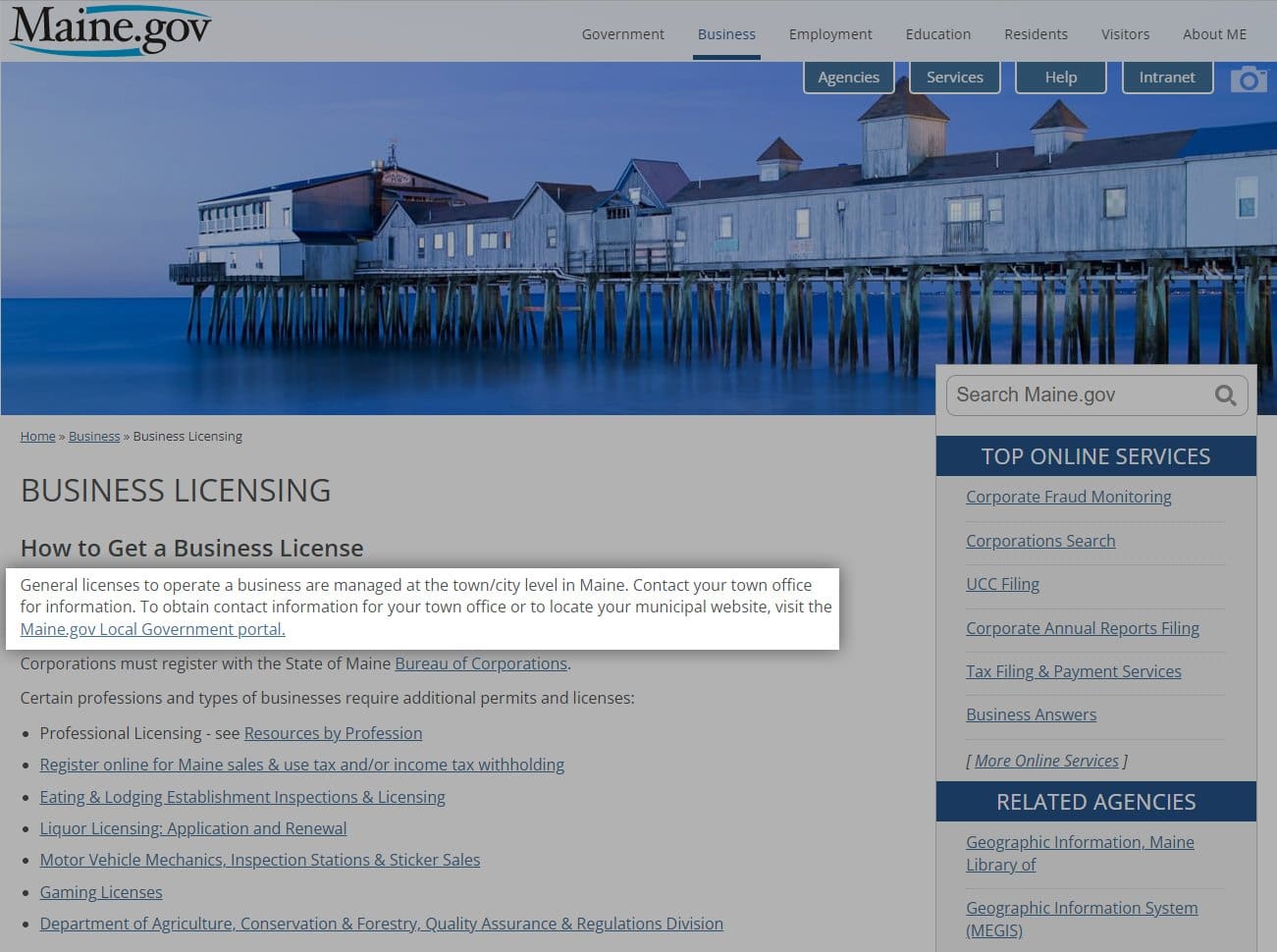 Screenshot of MaineGov website
