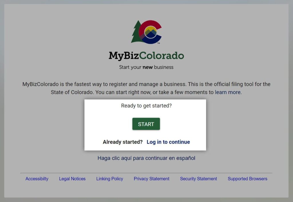 Screenshot of MyBizColorado website