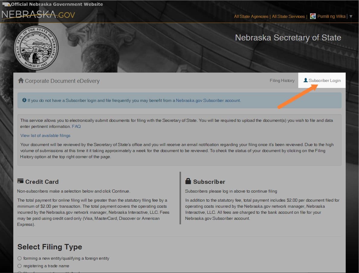 Screenshot of Nebraska.gov website