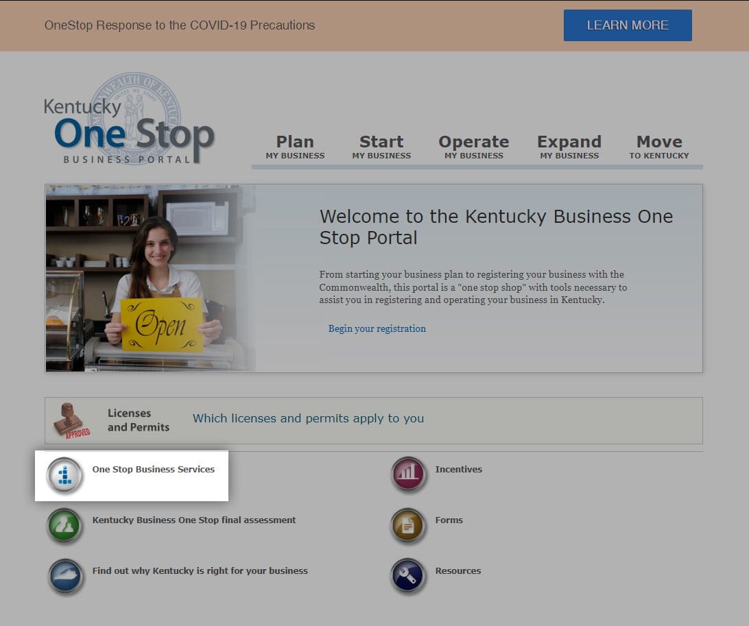 Screenshot of OneStopBusinessPortal website