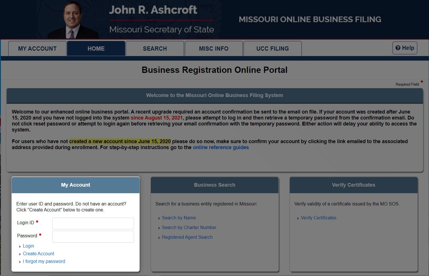 Screenshot of bsd.sos.mo.gov website