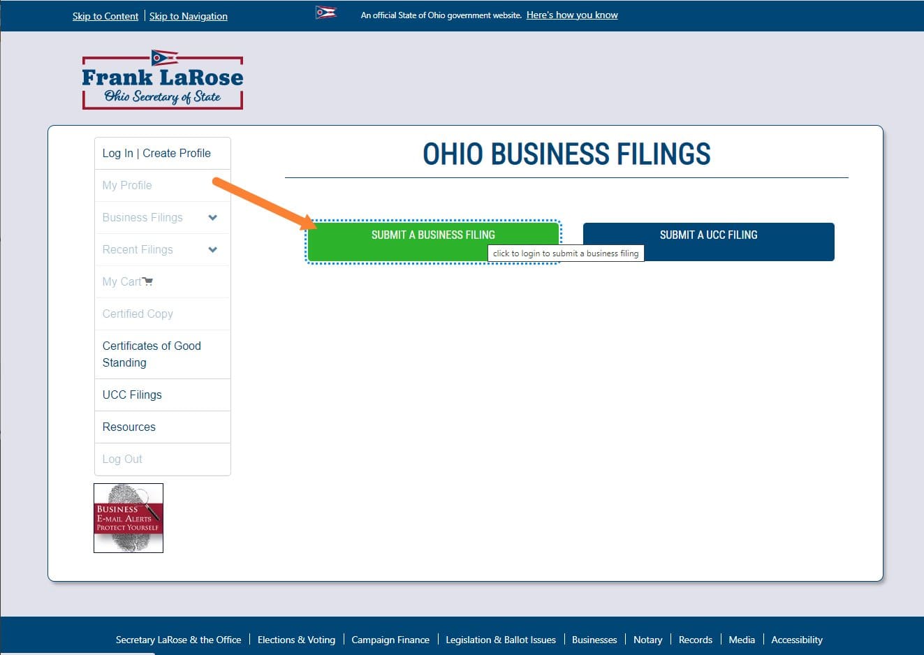 Screenshot of bsportal.ohiosos.gov website