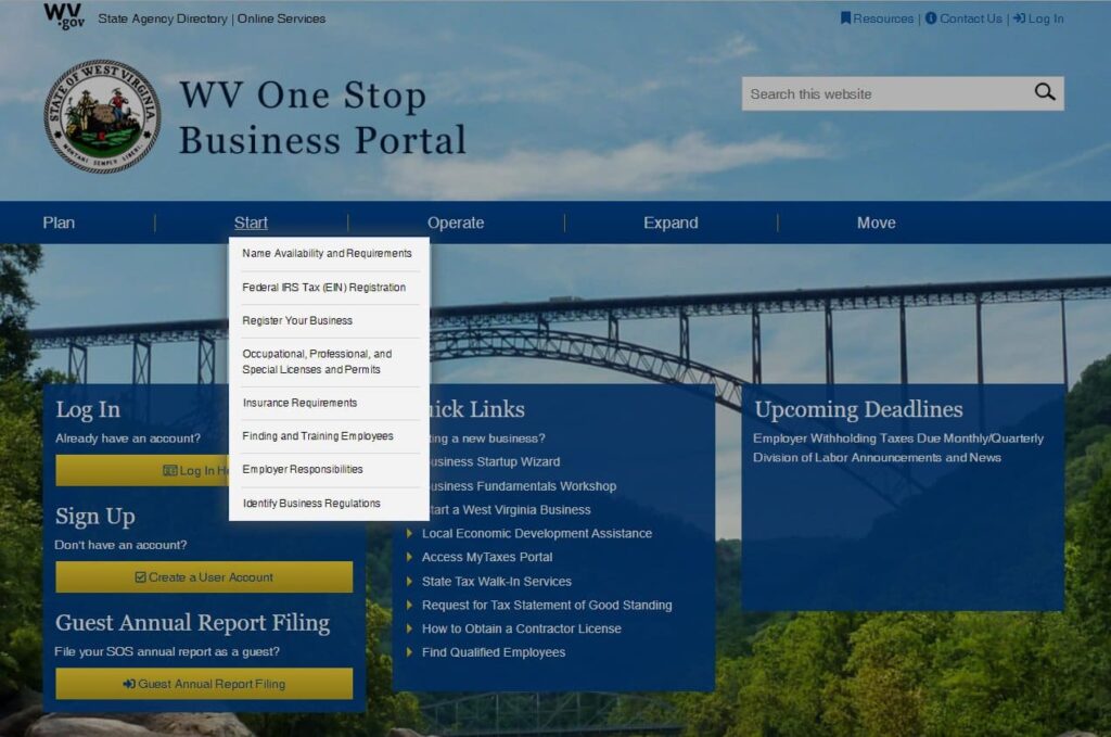 Screenshot of business4.wv.gov website