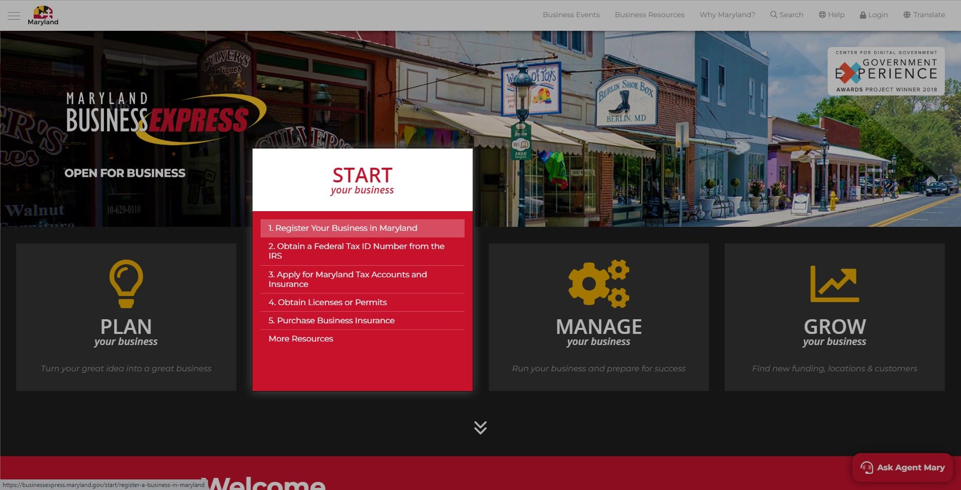 Screenshot of businessexpress.maryland.gov website