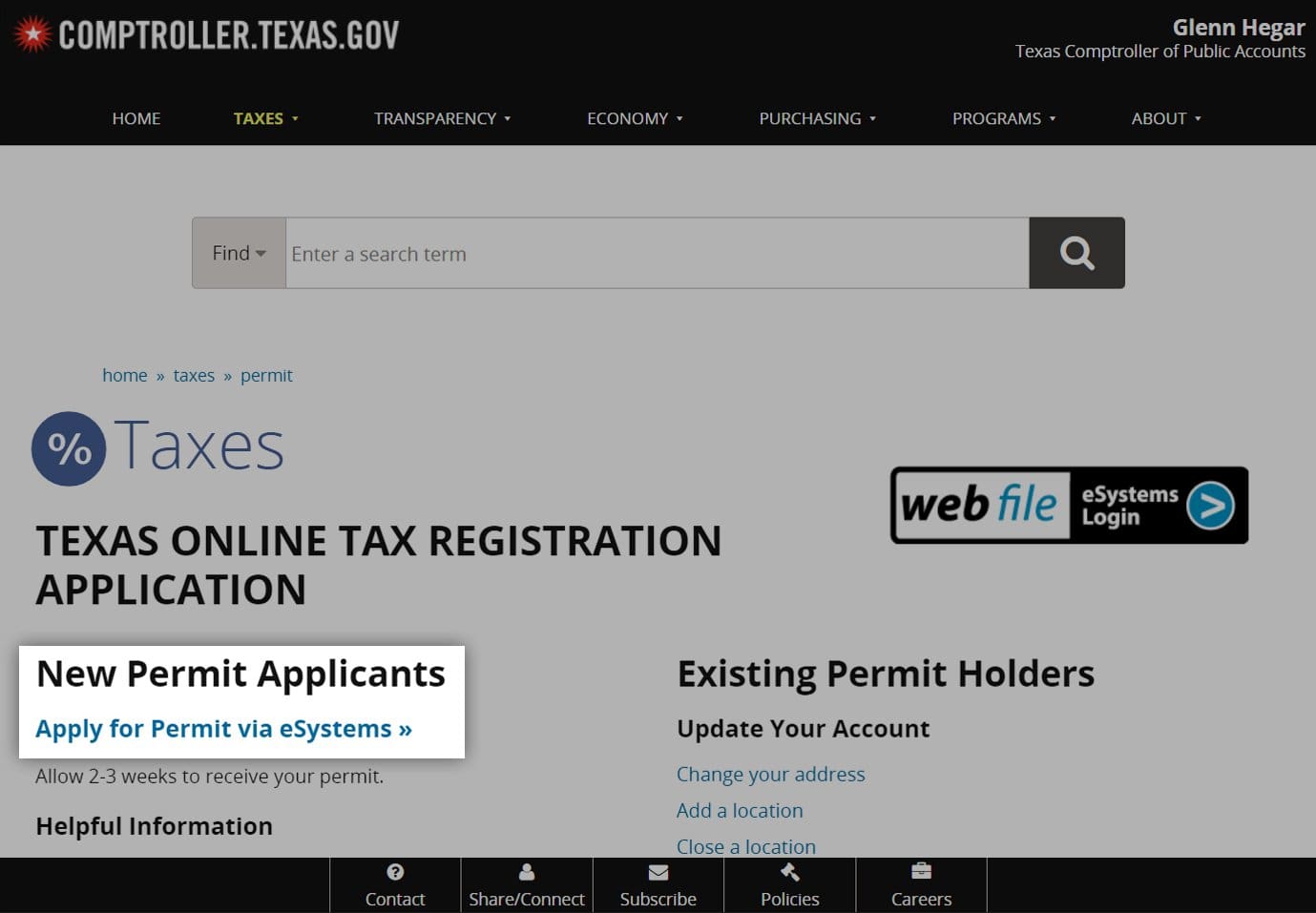 Screenshot of comptroller.texas.gov website