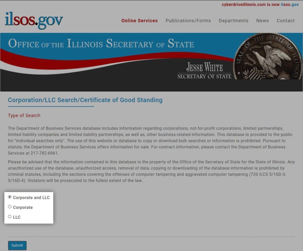 Screenshot of ilsos.gov website