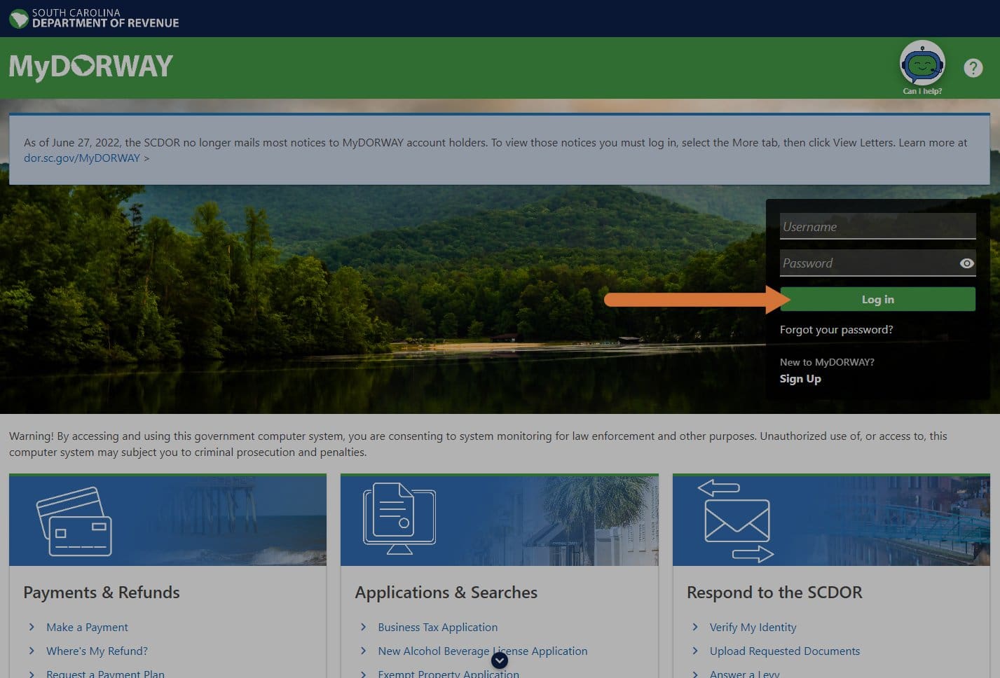 Screenshot of mydorway.dor.sc.gov website