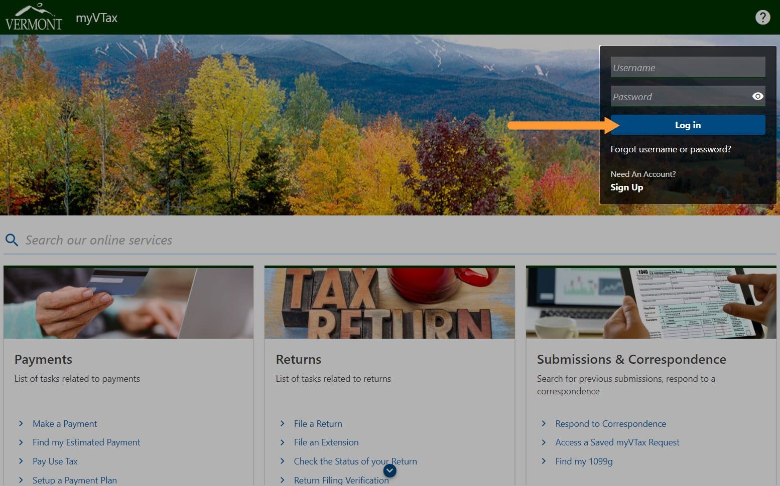 Screenshot of myvtax.vermont.gov website