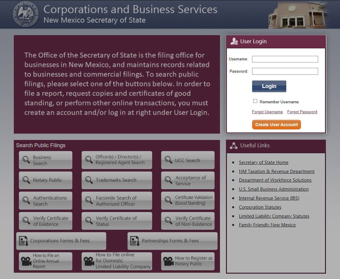Screenshot of portal.sos.state.nm.us website