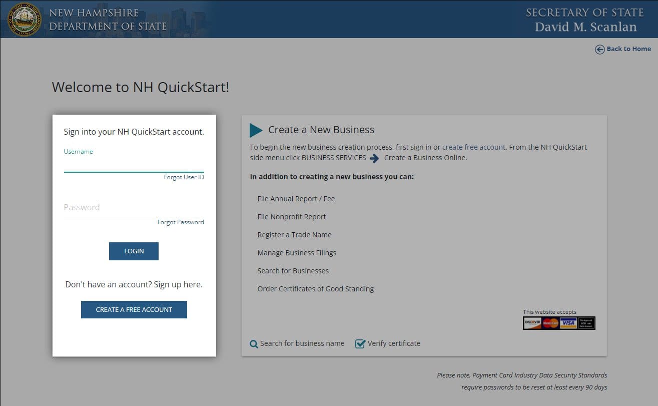 Screenshot of quickstart.sos.nh.gov website