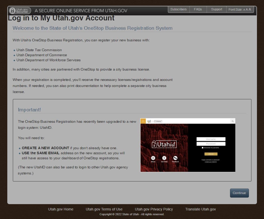 Screenshot of secure.utah.gov website