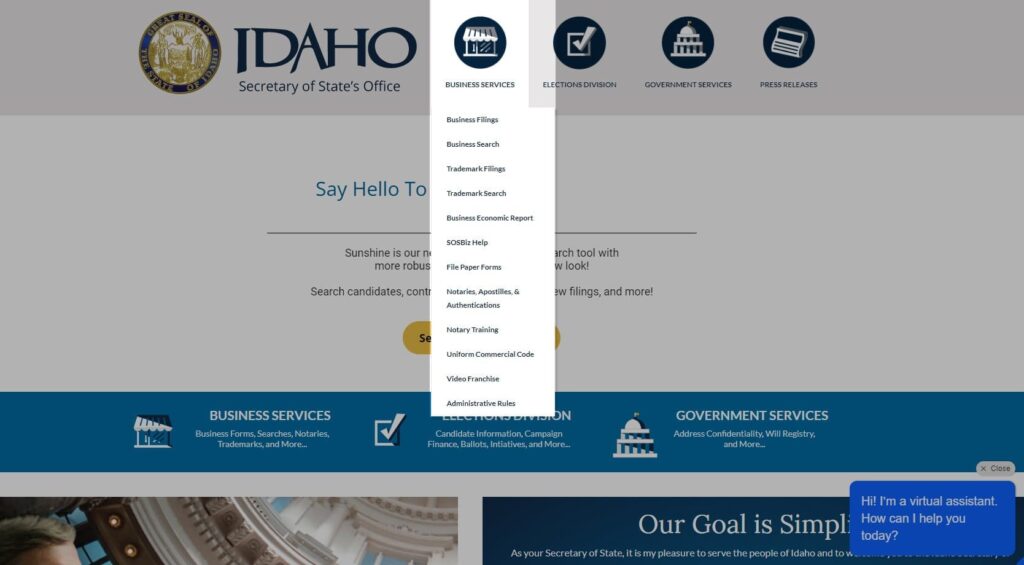 Screenshot of sos.idaho.gov website