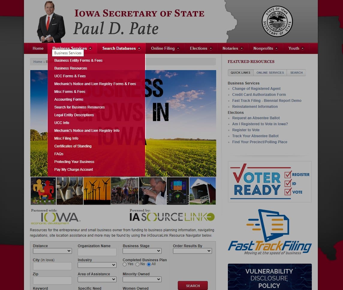Screenshot of sos.iowa.gov website