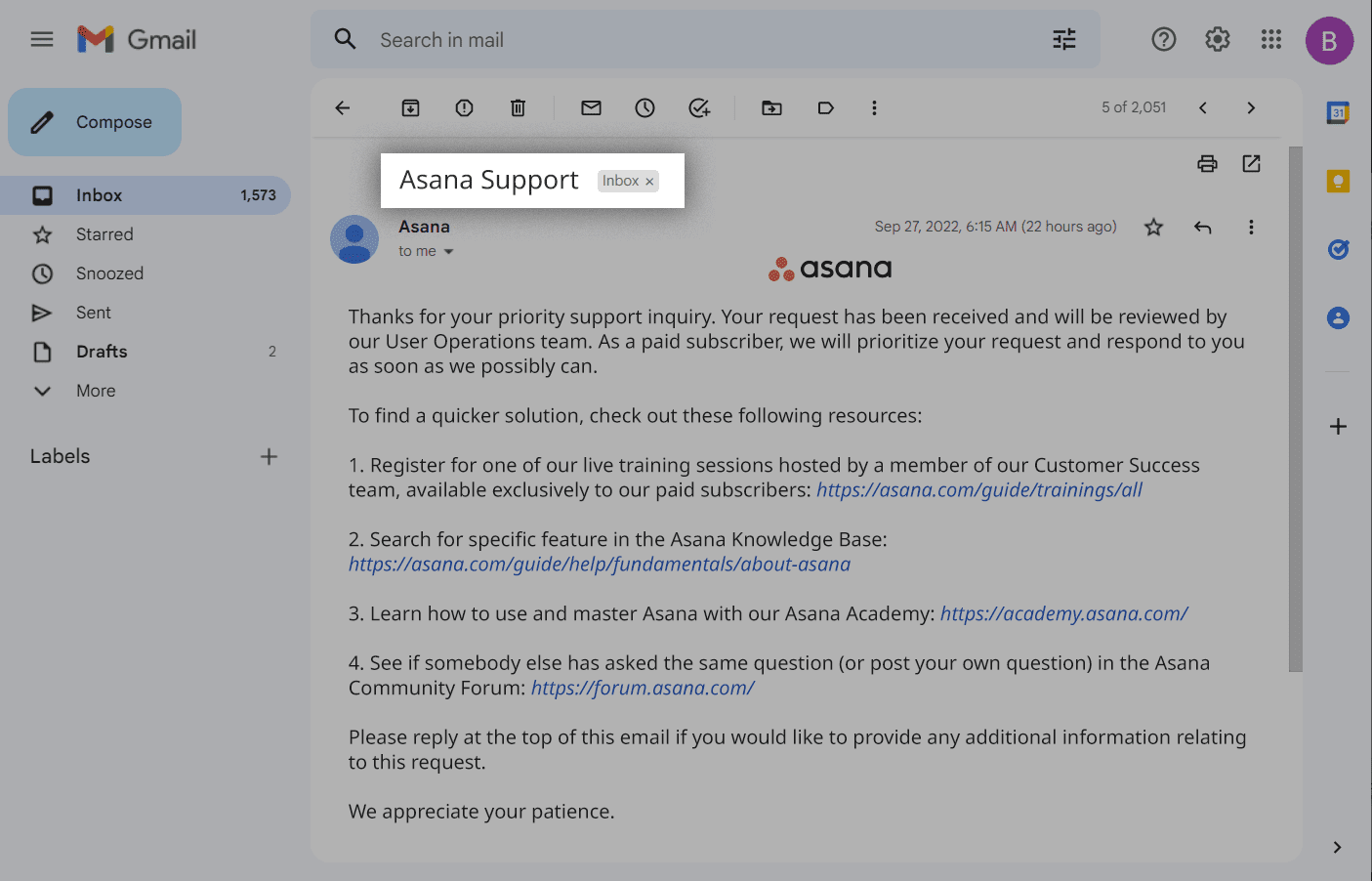Screenshot of Asana email support