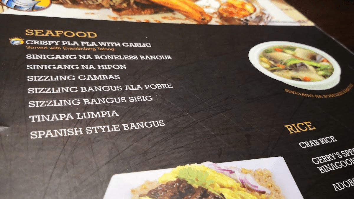 Restaurant order menu without price