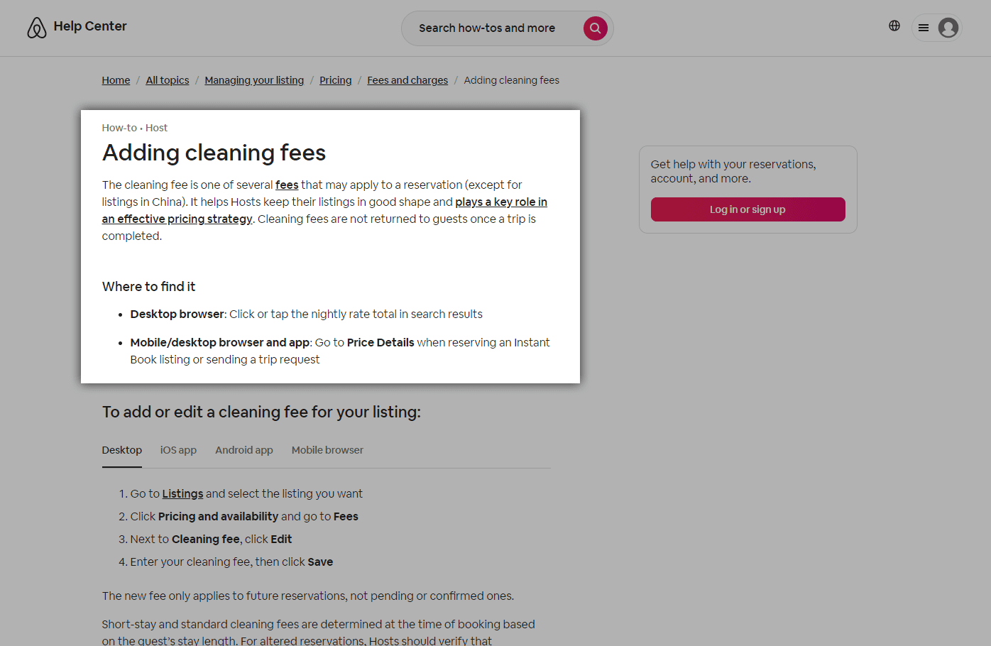Screenshot of Airbnb help center website