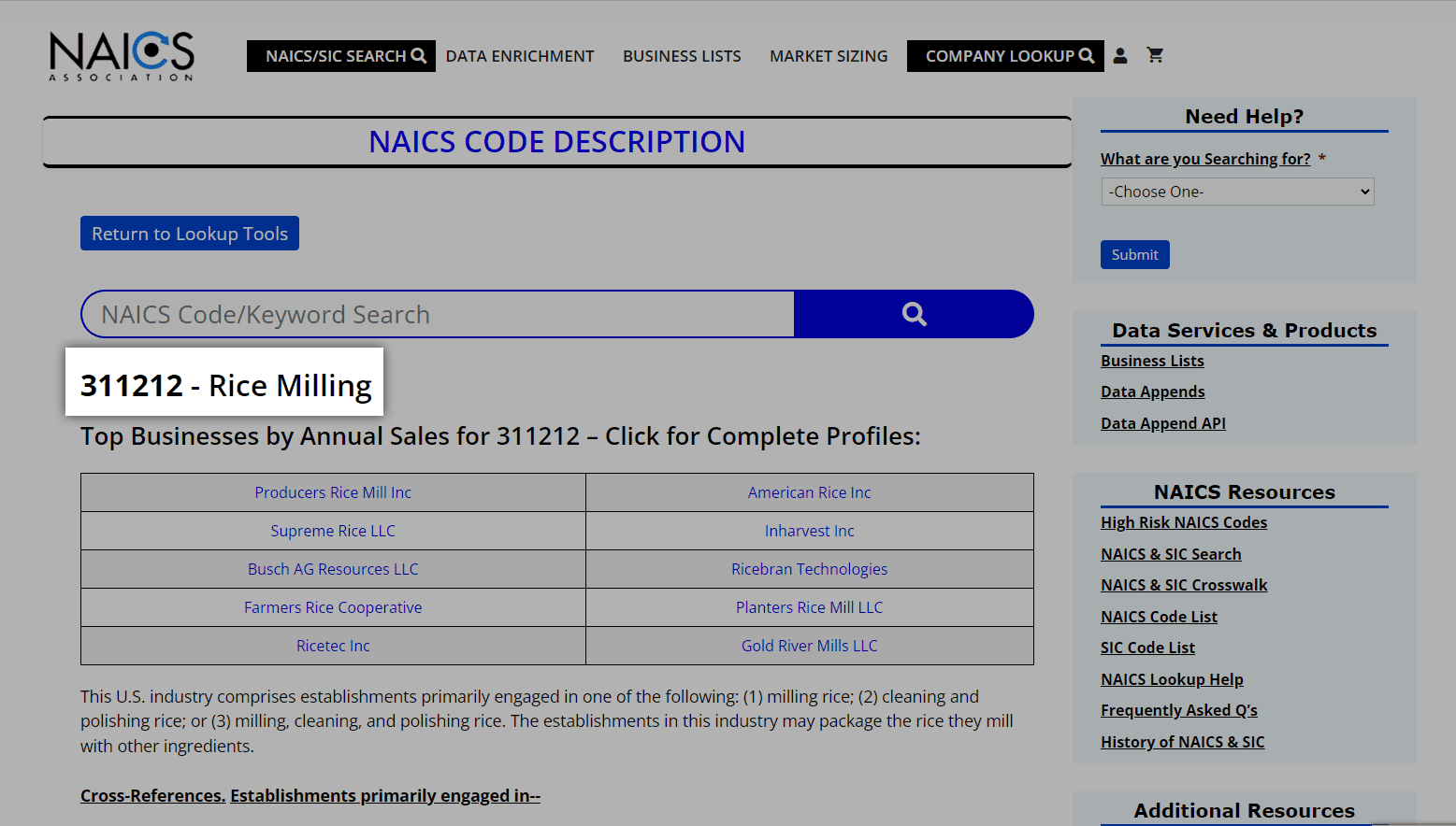 Screenshot of NAICS website