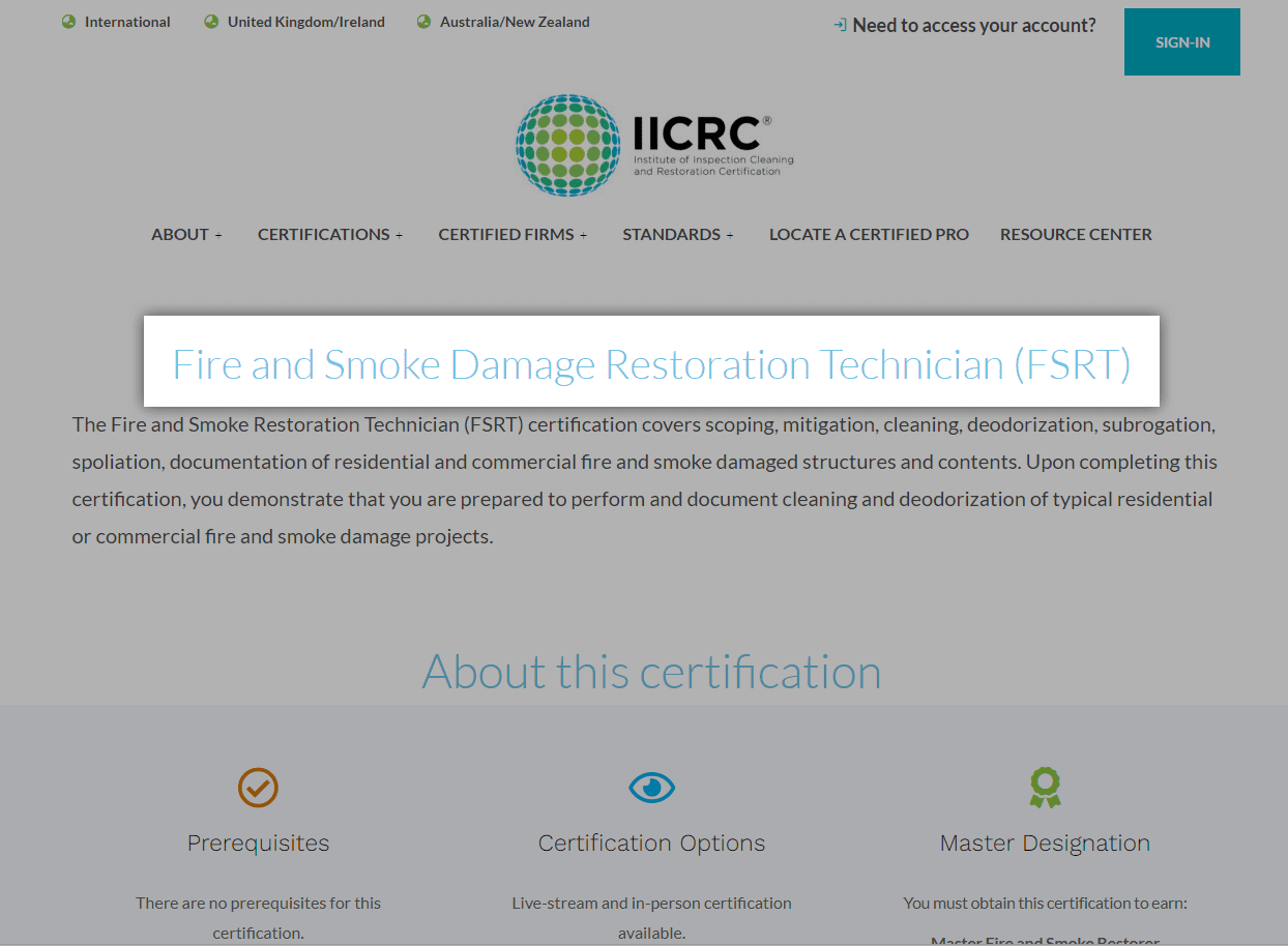 Screenshot of FSRT on IICRC website
