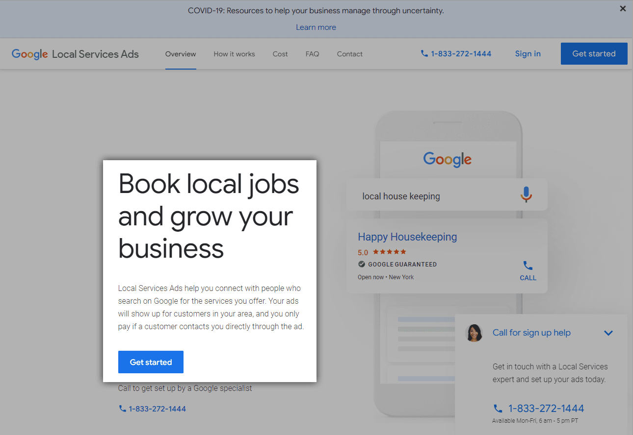 Screenshot of google local service ads website