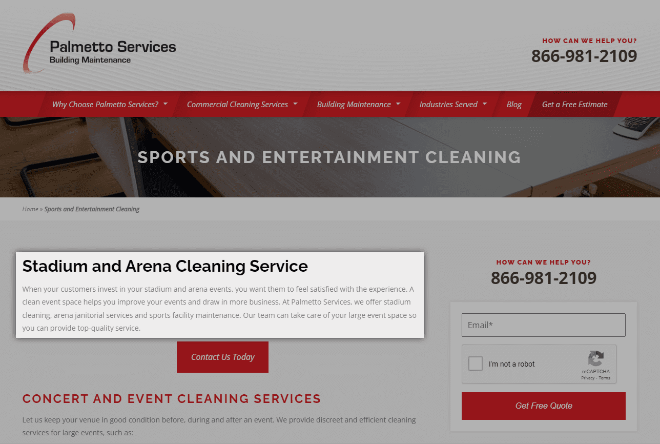 Screenshot of Palmetto Services website