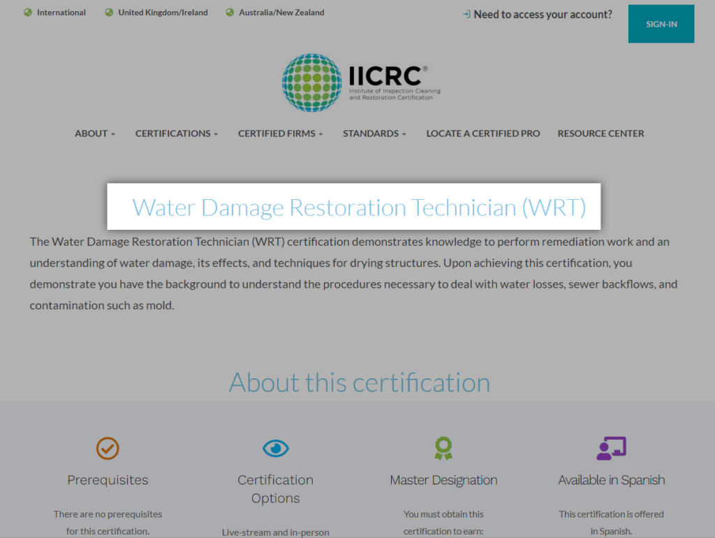 Screenshot of WRT on IICRC website