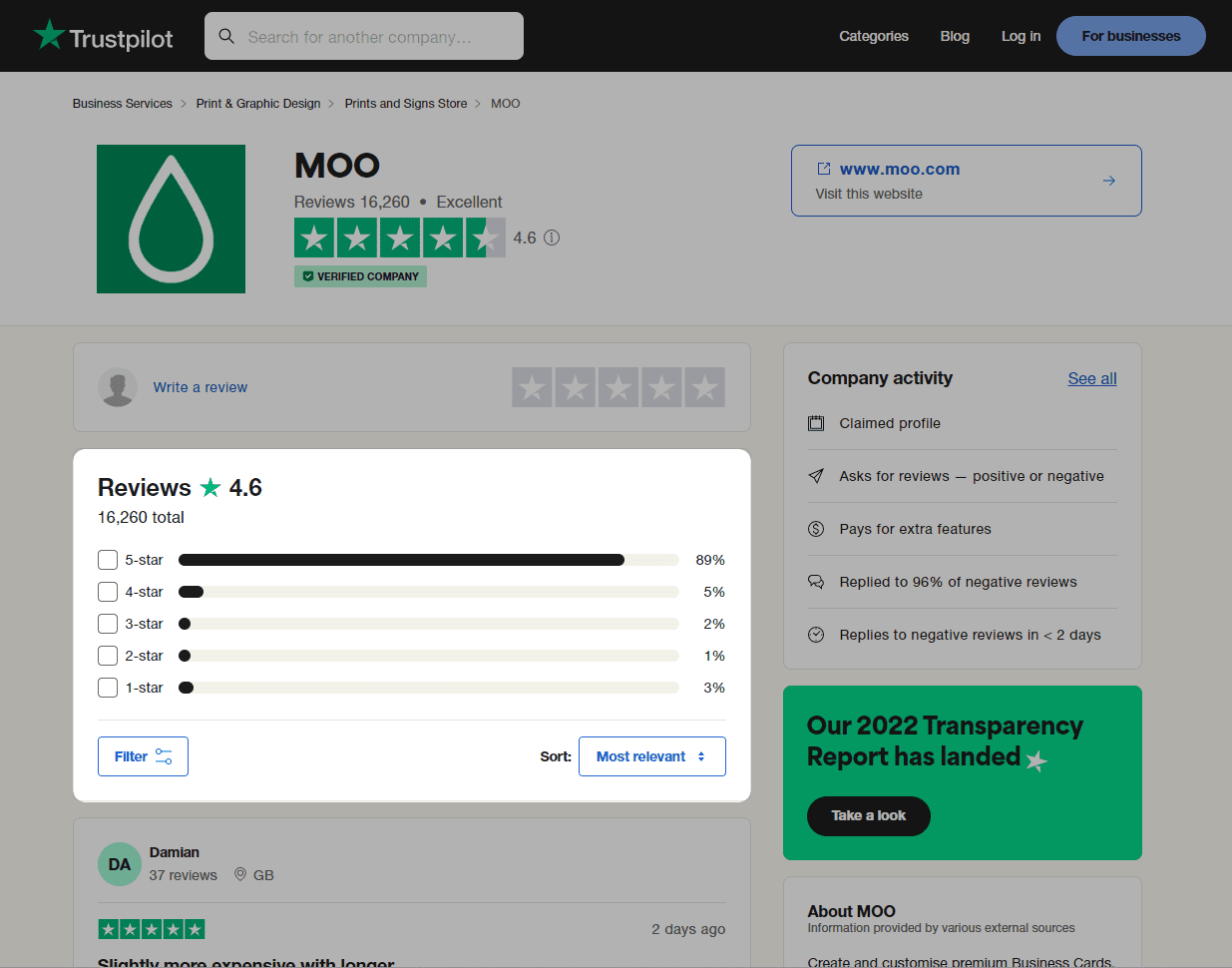Screenshot of moo reviews from trustpilot website