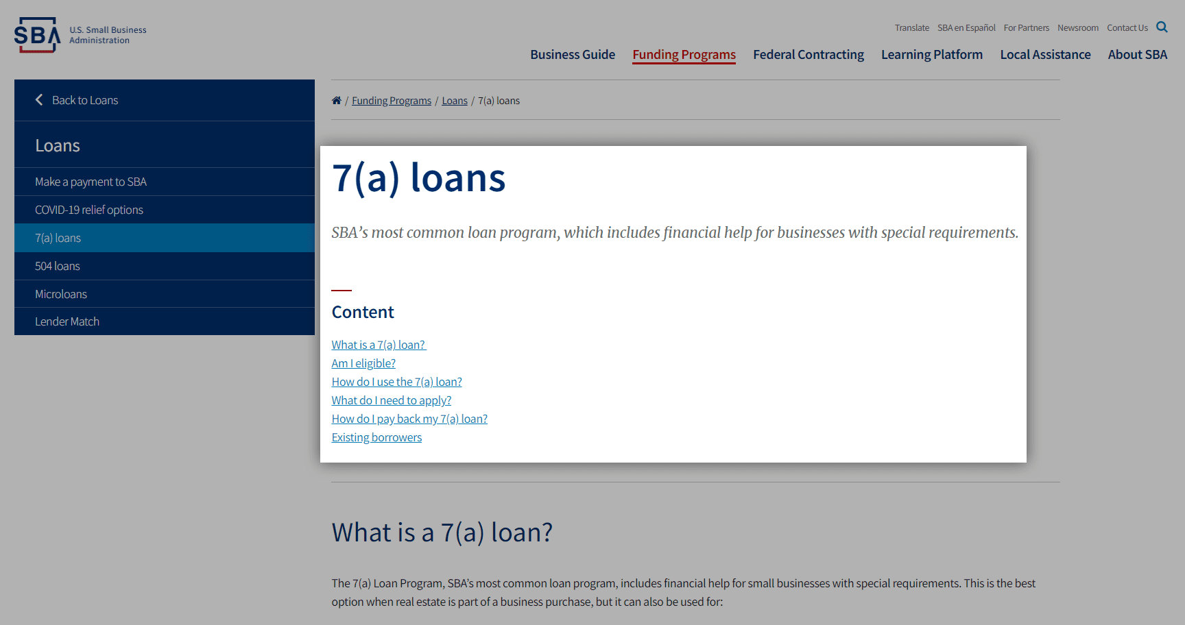 Screenshot of 7a loans from SBA website