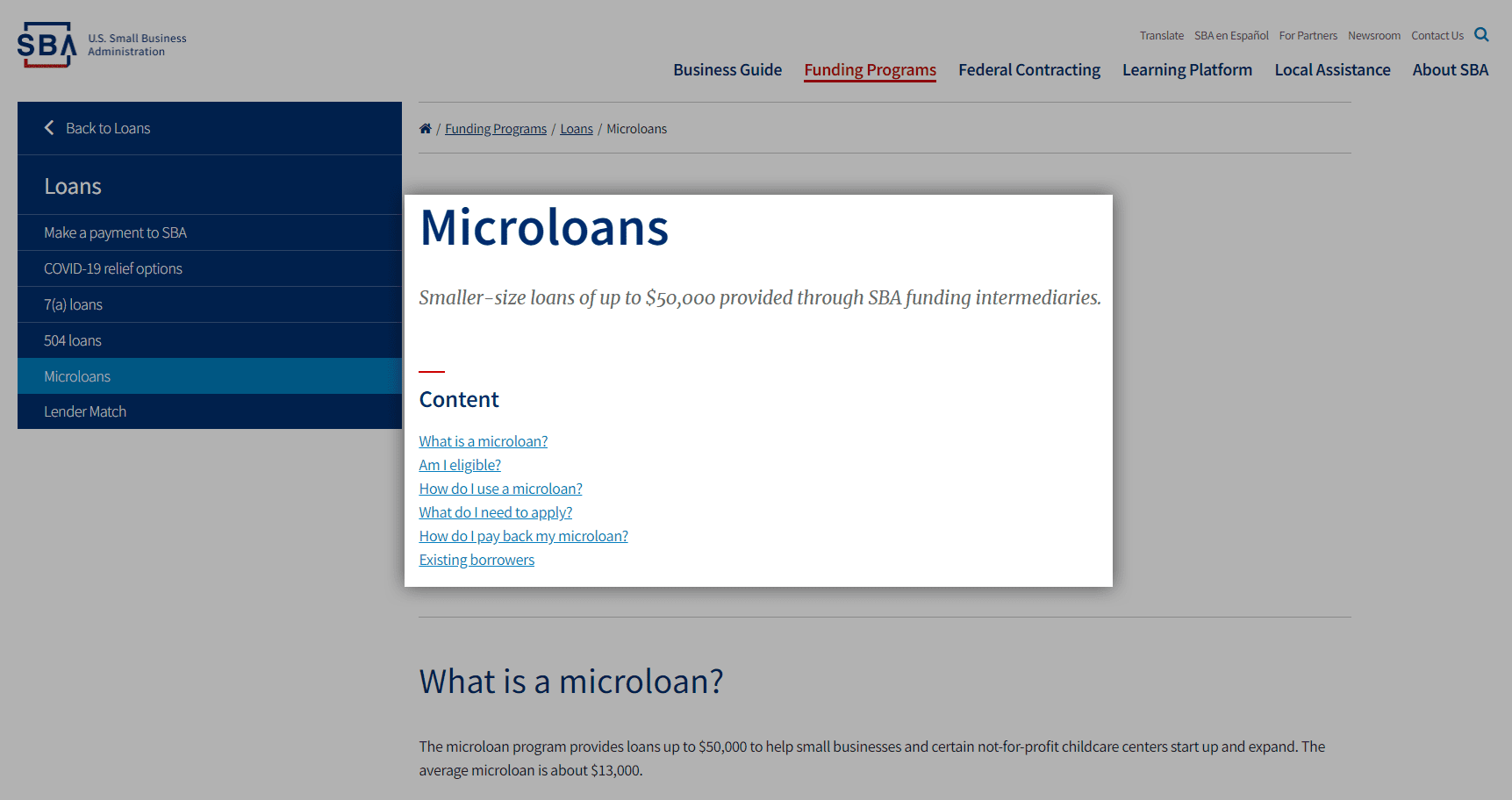 Screenshot of microloans from SBA website