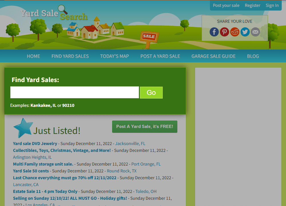Screenshot of Yardsale website