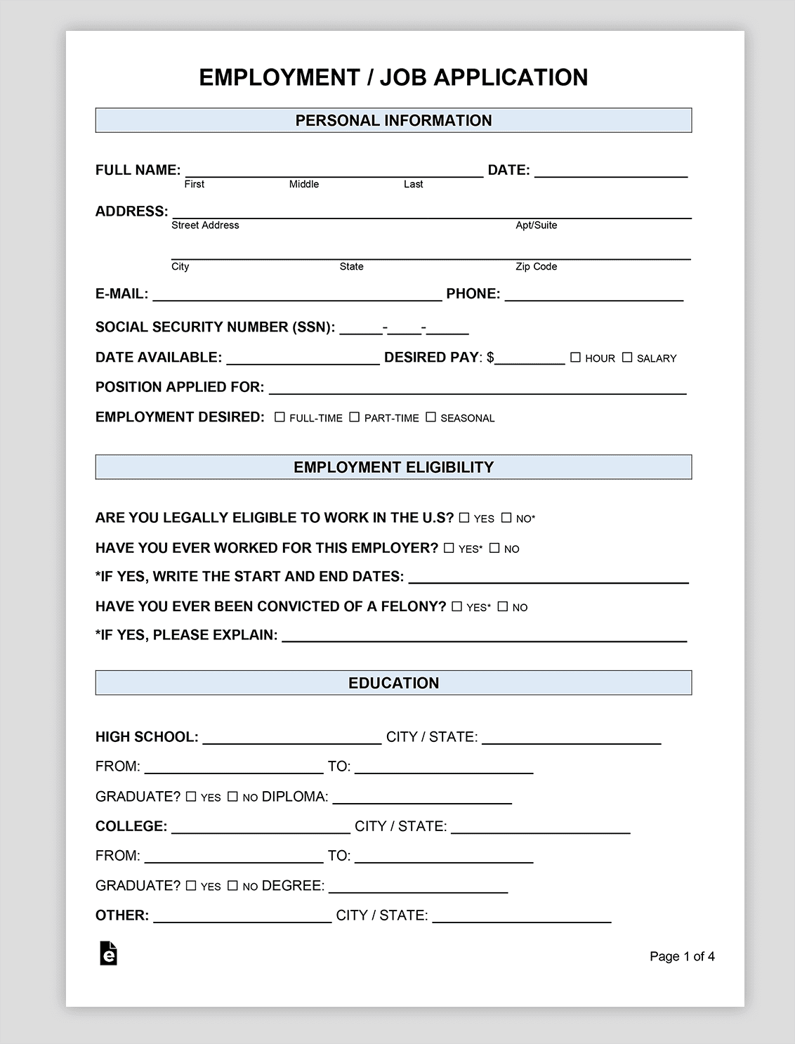 Employment job application form