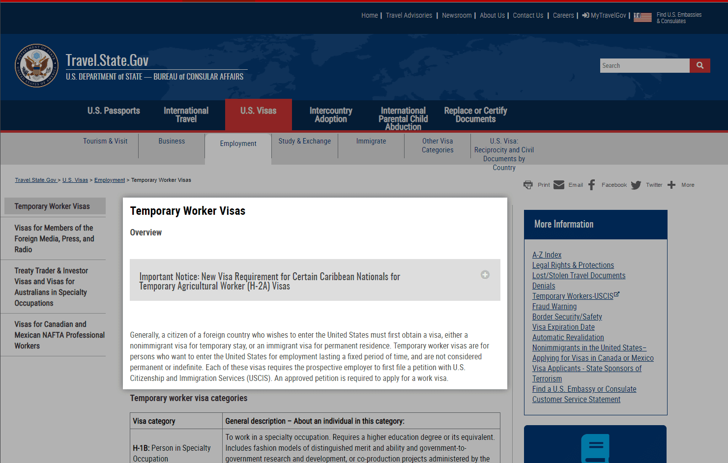 Screenshot of travel.state.gov website