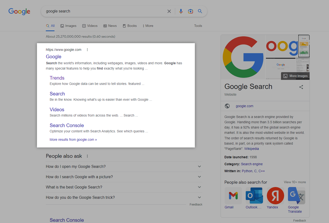 Screenshot of google search