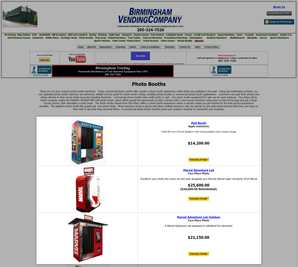 Screenshot of birmingham vending company website