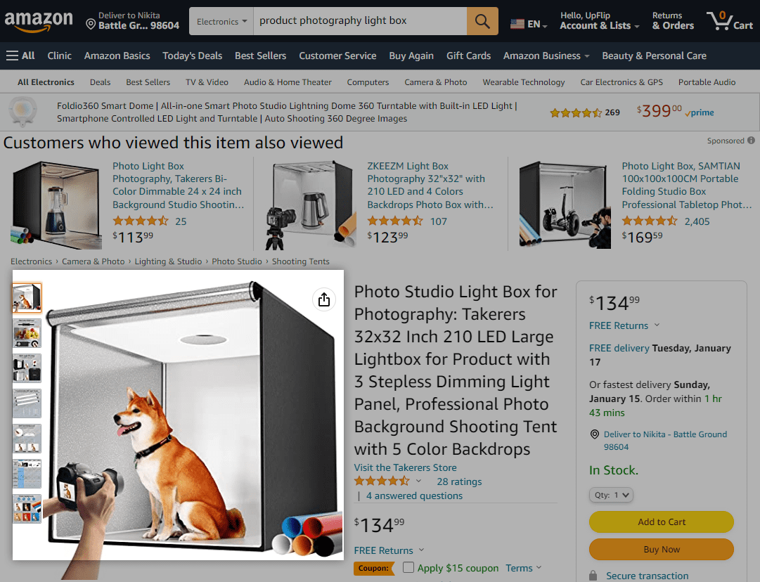 Screenshot of light box from Amazon website