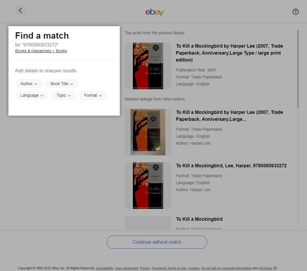 Screenshot of selling books from eBay website