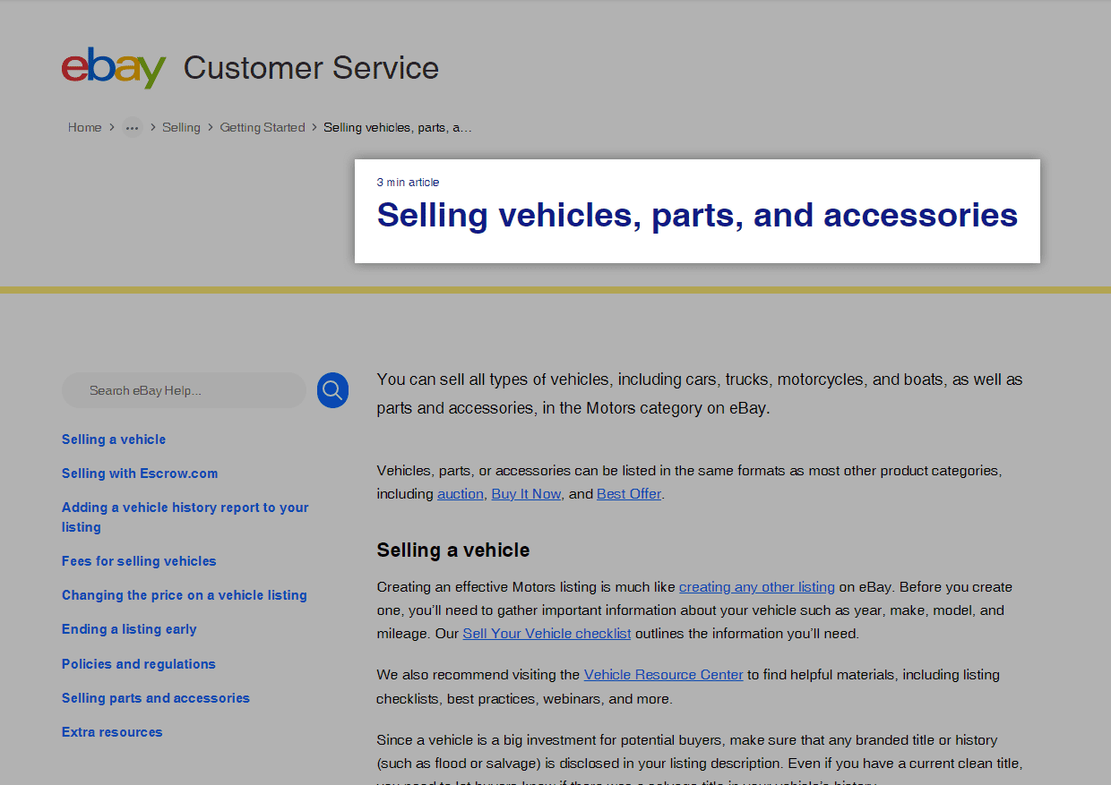 Screenshot of selling parts and accessories from eBay website