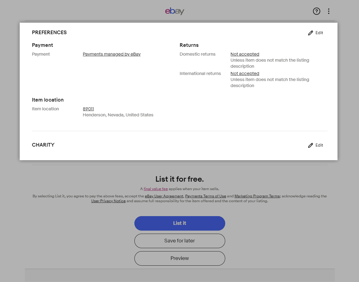 Screenshot of setup up preferences from eBay website